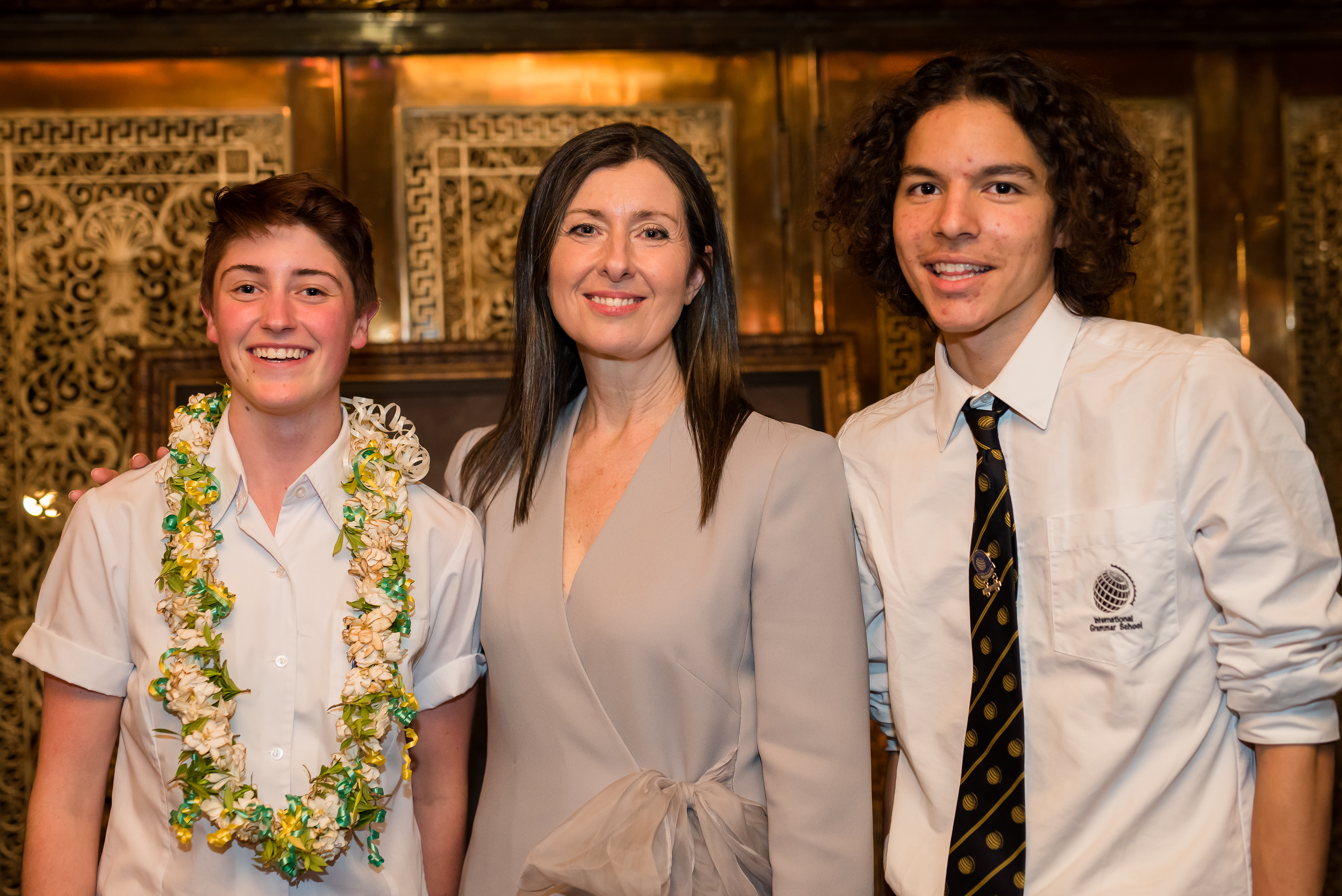 IGS 2019 Head Girl Saskia Scott-Hickie and Head Boy Fadi Al Hatu with Principal Shauna Colnan